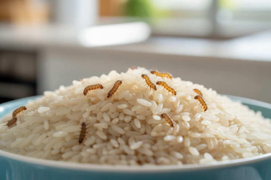 Tigela de arroz branco com larvas visíveis sobre os grãos, em uma cozinha.