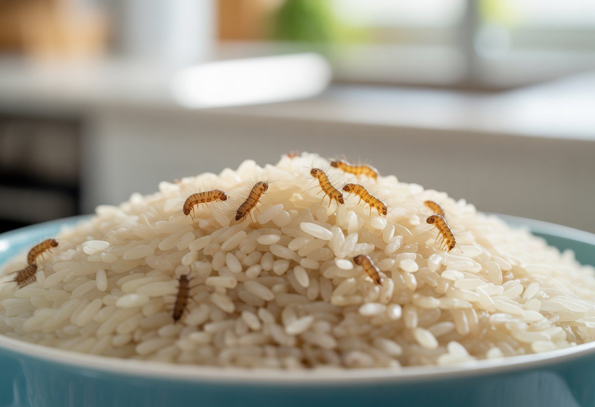 Tigela de arroz branco com larvas visíveis sobre os grãos, em uma cozinha.