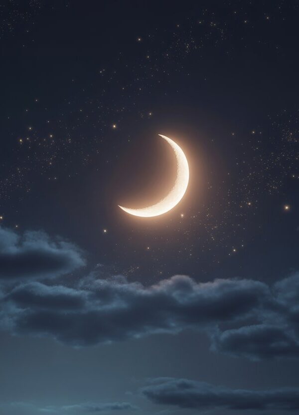 Céu noturno com uma lua crescente brilhante cercada por estrelas e algumas nuvens suaves.