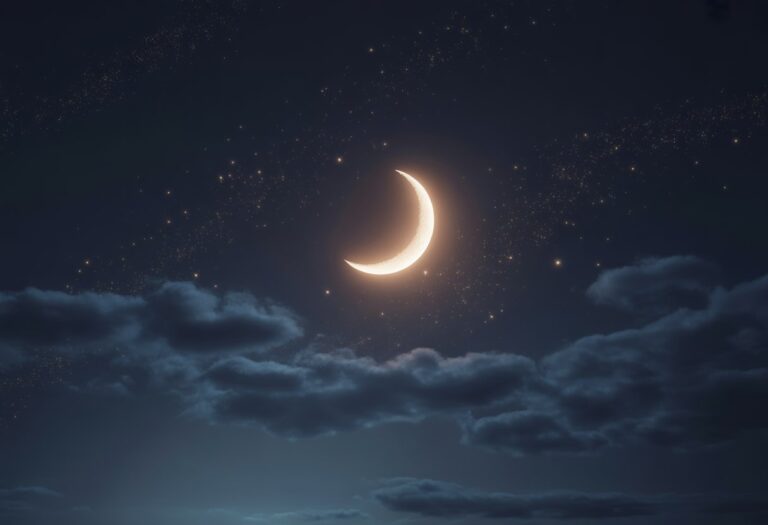 Céu noturno com uma lua crescente brilhante cercada por estrelas e algumas nuvens suaves.