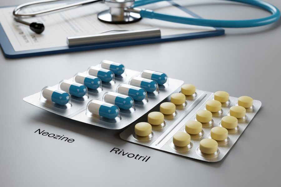 Dois tipos diferentes de medicamentos em embalagens blister sobre uma superfície branca, com um estetoscópio desfocado ao fundo.