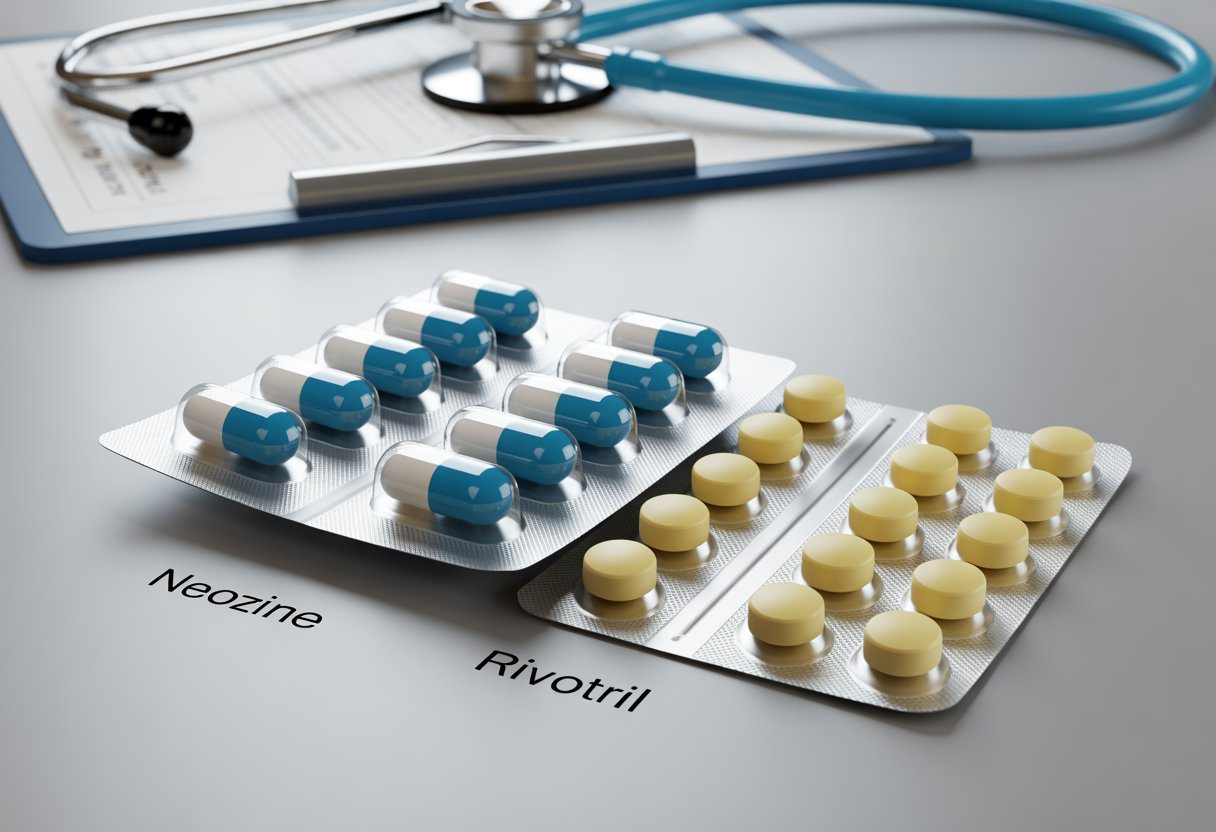 Dois tipos diferentes de medicamentos em embalagens blister sobre uma superfície branca, com um estetoscópio desfocado ao fundo.