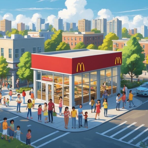 Cena de um bairro urbano movimentado com muitas pessoas e um restaurante McDonald's moderno ao centro, mostrando uma comunidade ativa e populosa.