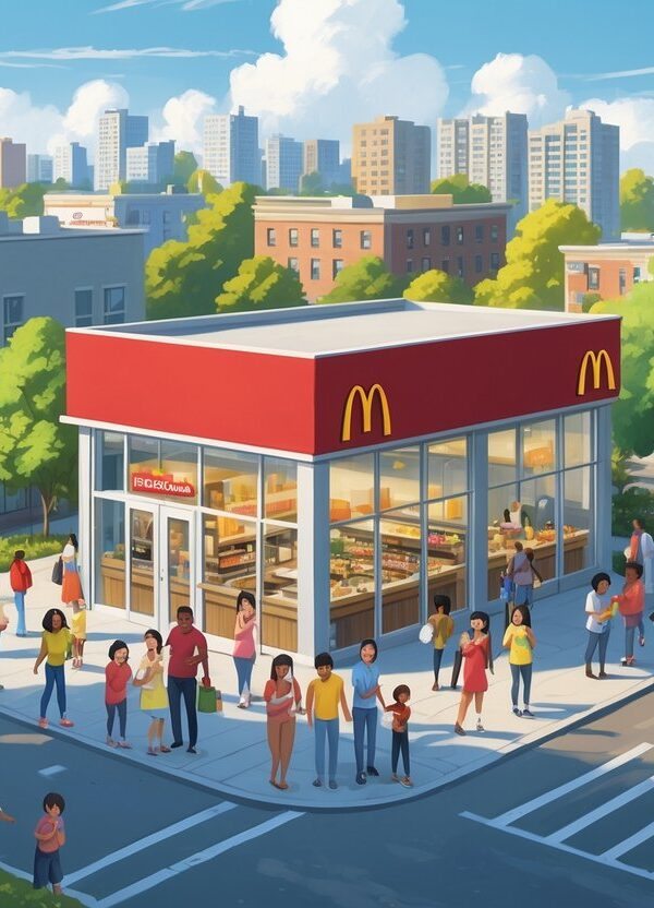 Cena de um bairro urbano movimentado com muitas pessoas e um restaurante McDonald's moderno ao centro, mostrando uma comunidade ativa e populosa.