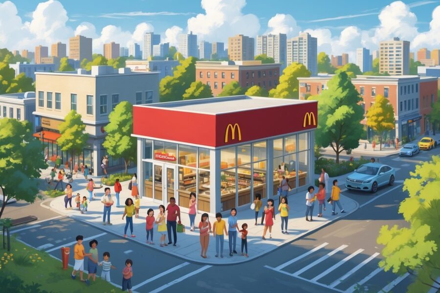 Cena de um bairro urbano movimentado com muitas pessoas e um restaurante McDonald's moderno ao centro, mostrando uma comunidade ativa e populosa.