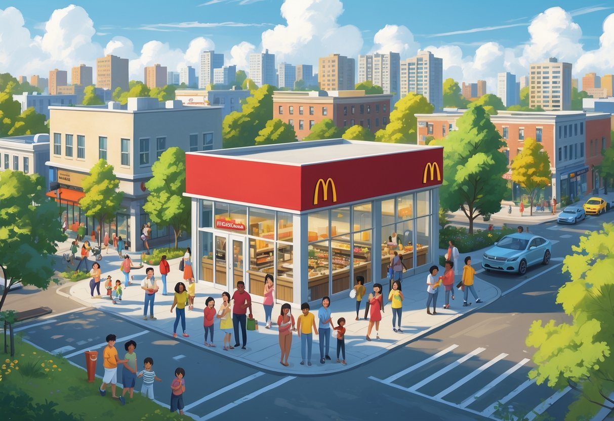 Cena de um bairro urbano movimentado com muitas pessoas e um restaurante McDonald's moderno ao centro, mostrando uma comunidade ativa e populosa.