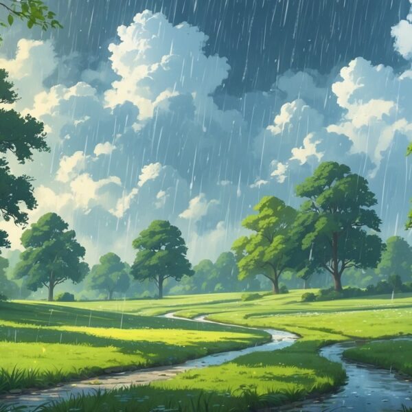 Céu parcialmente nublado com chuva esparsa caindo sobre árvores e campos verdes, algumas áreas molhadas e outras secas.