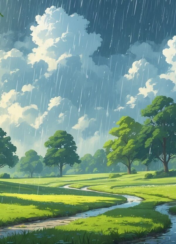 Céu parcialmente nublado com chuva esparsa caindo sobre árvores e campos verdes, algumas áreas molhadas e outras secas.