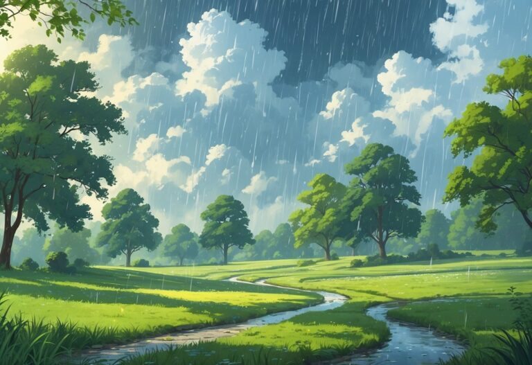 Céu parcialmente nublado com chuva esparsa caindo sobre árvores e campos verdes, algumas áreas molhadas e outras secas.