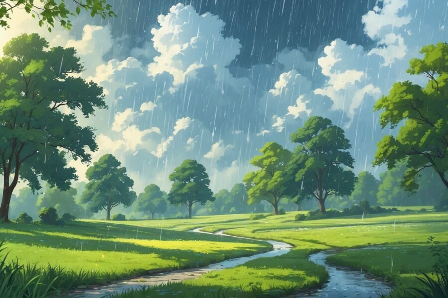 Céu parcialmente nublado com chuva esparsa caindo sobre árvores e campos verdes, algumas áreas molhadas e outras secas.