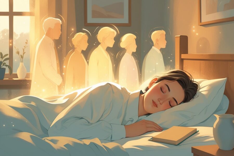Pessoa dormindo cercada por figuras translúcidas que representam pessoas do passado em um ambiente tranquilo.