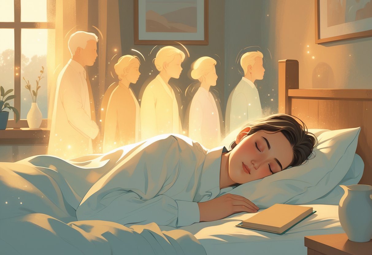 Pessoa dormindo cercada por figuras translúcidas que representam pessoas do passado em um ambiente tranquilo.