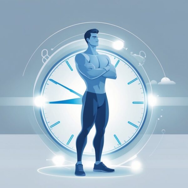 Ilustração de um homem com uma pose confiante, acompanhado de um relógio estilizado indicando a passagem do tempo, representando o efeito do medicamento tadalafil 5mg.