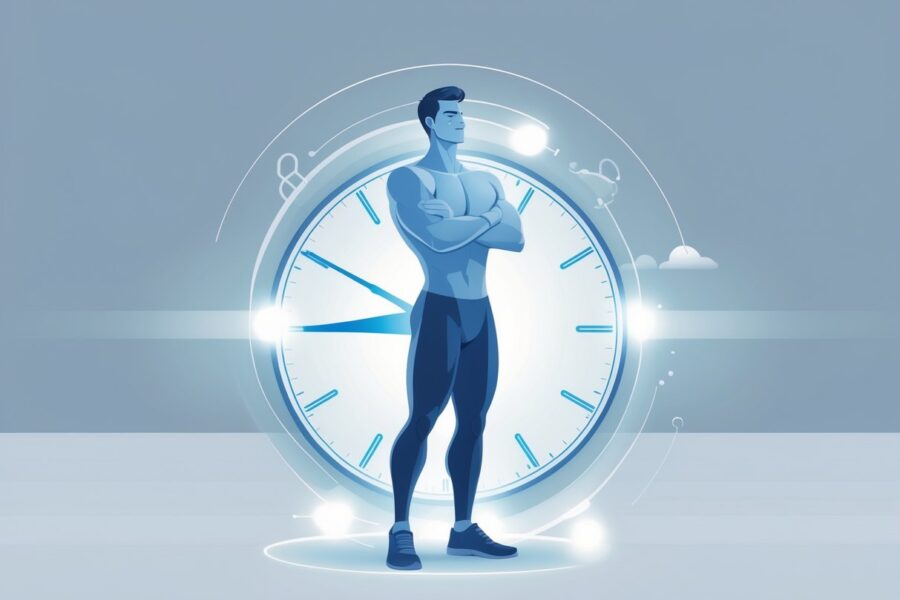 Ilustração de um homem com uma pose confiante, acompanhado de um relógio estilizado indicando a passagem do tempo, representando o efeito do medicamento tadalafil 5mg.