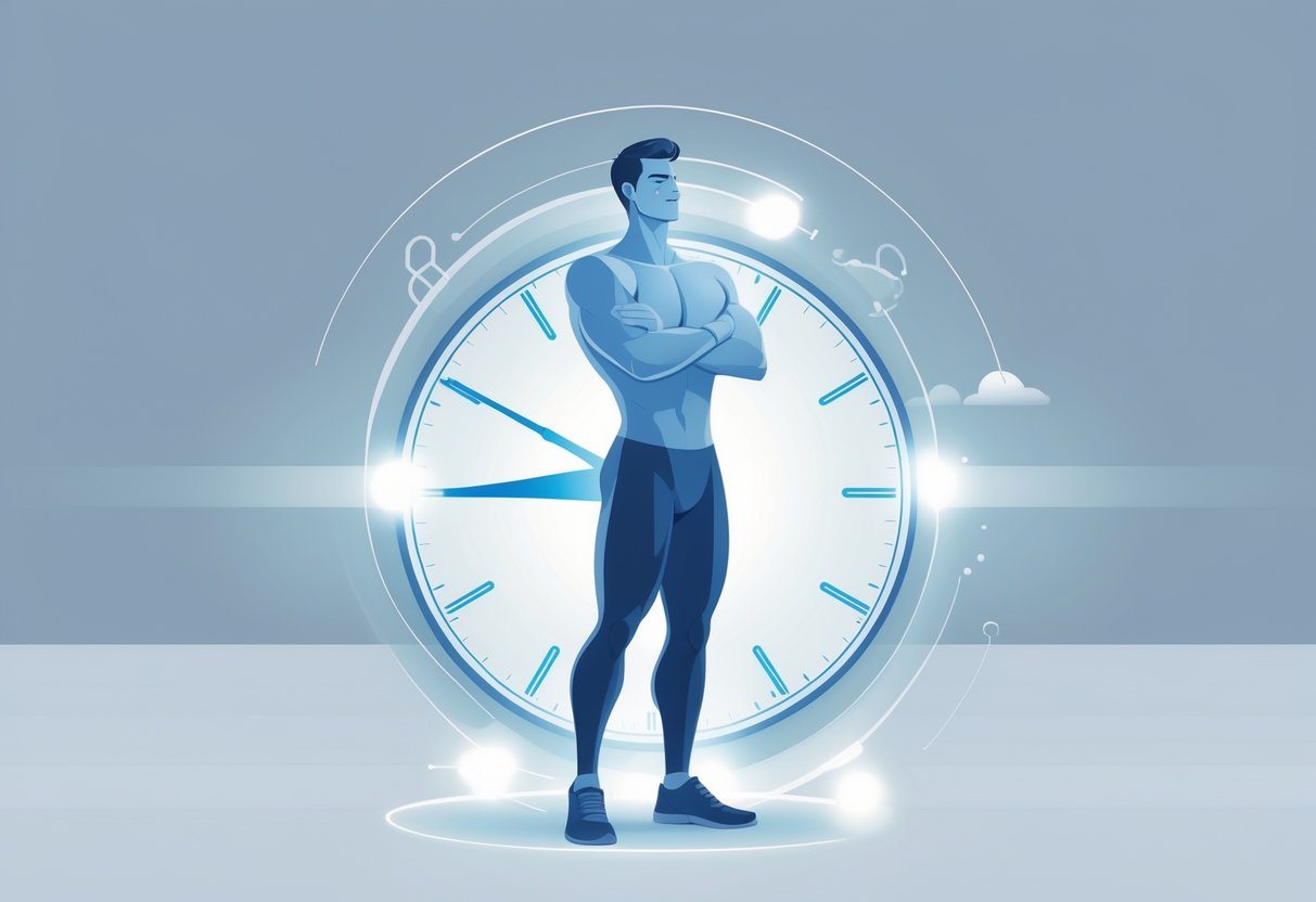 Ilustração de um homem com uma pose confiante, acompanhado de um relógio estilizado indicando a passagem do tempo, representando o efeito do medicamento tadalafil 5mg.