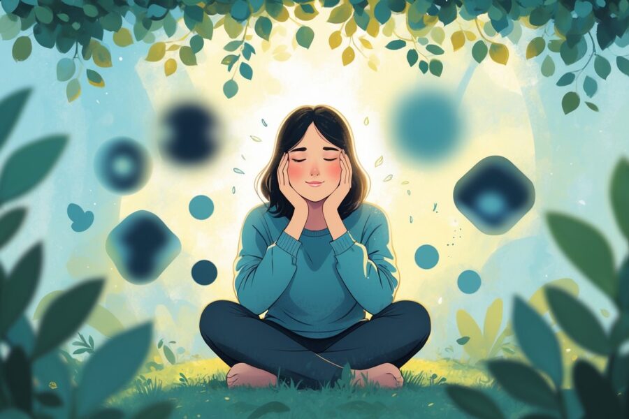 Pessoa sentada calmamente com os olhos fechados, cercada por formas abstratas que representam distrações, em um ambiente tranquilo com luz suave filtrando pelas folhas.