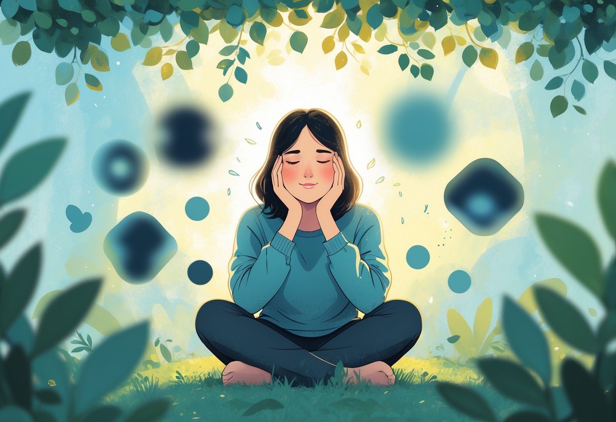 Pessoa sentada calmamente com os olhos fechados, cercada por formas abstratas que representam distrações, em um ambiente tranquilo com luz suave filtrando pelas folhas.
