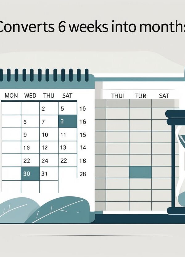 Ilustração mostrando um calendário com seis semanas destacadas e uma representação de três meses para explicar a conversão de semanas em meses.