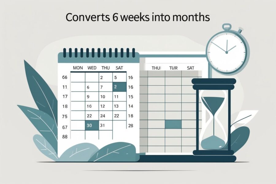 Ilustração mostrando um calendário com seis semanas destacadas e uma representação de três meses para explicar a conversão de semanas em meses.