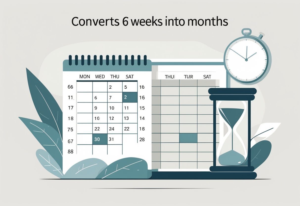 Ilustração mostrando um calendário com seis semanas destacadas e uma representação de três meses para explicar a conversão de semanas em meses.