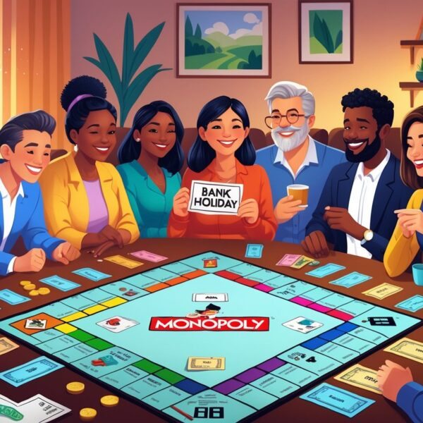 Pessoas jogando Banco Imobiliário em uma sala aconchegante, com peças e dinheiro do jogo sobre a mesa, durante uma pausa no jogo.