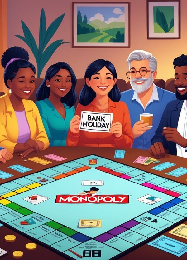 Pessoas jogando Banco Imobiliário em uma sala aconchegante, com peças e dinheiro do jogo sobre a mesa, durante uma pausa no jogo.