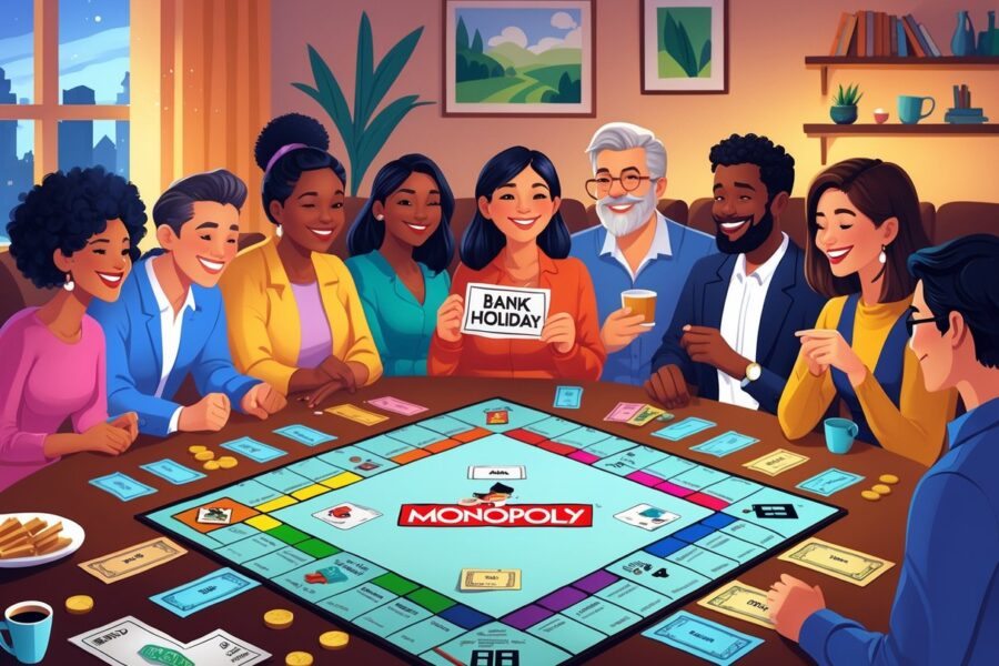 Pessoas jogando Banco Imobiliário em uma sala aconchegante, com peças e dinheiro do jogo sobre a mesa, durante uma pausa no jogo.