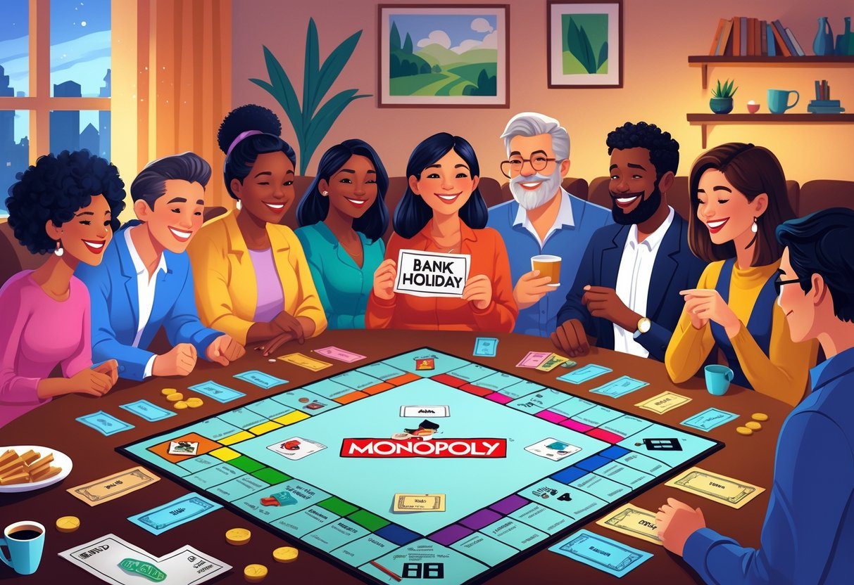 Pessoas jogando Banco Imobiliário em uma sala aconchegante, com peças e dinheiro do jogo sobre a mesa, durante uma pausa no jogo.