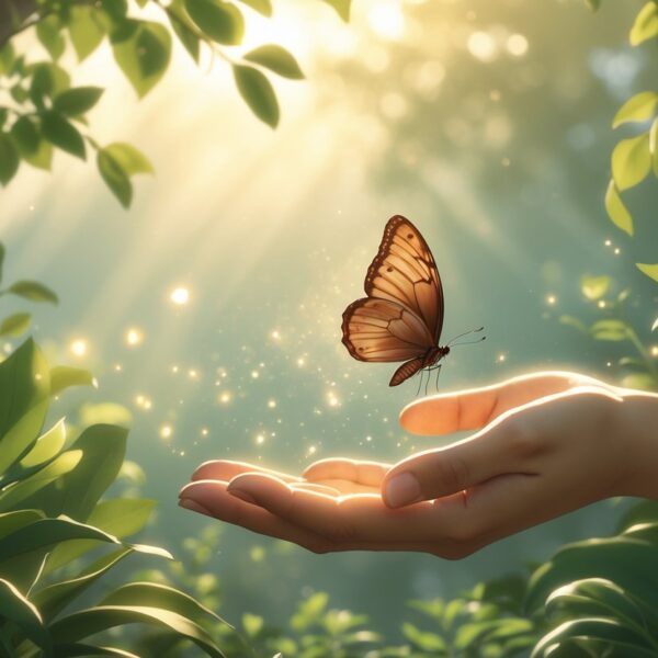 Uma borboleta marrom pousando delicadamente em uma mão estendida em um ambiente natural com luz suave e folhagens ao fundo.