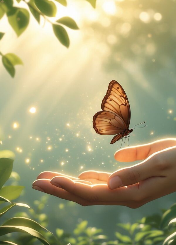 Uma borboleta marrom pousando delicadamente em uma mão estendida em um ambiente natural com luz suave e folhagens ao fundo.