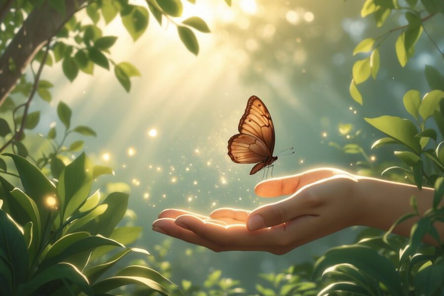 Uma borboleta marrom pousando delicadamente em uma mão estendida em um ambiente natural com luz suave e folhagens ao fundo.