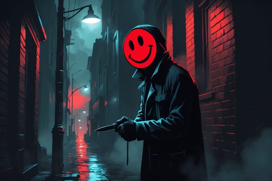 Cena noturna em um beco urbano com uma figura mascarada segurando uma faca, cercada por fita de cena de crime e luzes de polícia ao fundo.