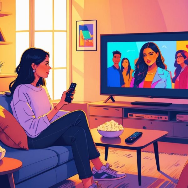 Mulher sentada em um sofá assistindo televisão em uma sala de estar confortável e moderna.