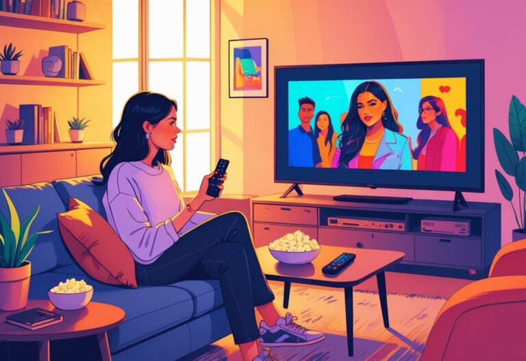 Mulher sentada em um sofá assistindo televisão em uma sala de estar confortável e moderna.