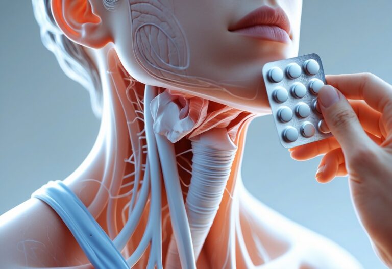 Ilustração mostrando uma mão segurando comprimidos próximos à garganta humana destacada.