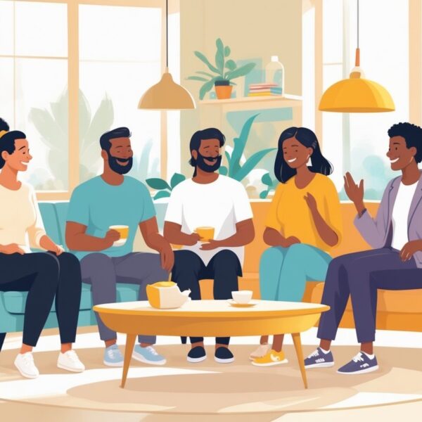 Grupo diverso de pessoas conversando em uma sala iluminada e acolhedora, compartilhando experiências positivas.