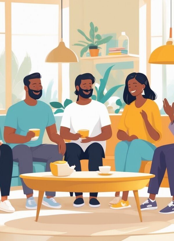Grupo diverso de pessoas conversando em uma sala iluminada e acolhedora, compartilhando experiências positivas.