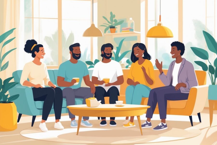 Grupo diverso de pessoas conversando em uma sala iluminada e acolhedora, compartilhando experiências positivas.