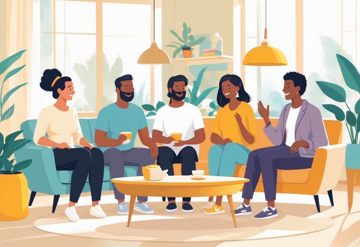 Grupo diverso de pessoas conversando em uma sala iluminada e acolhedora, compartilhando experiências positivas.