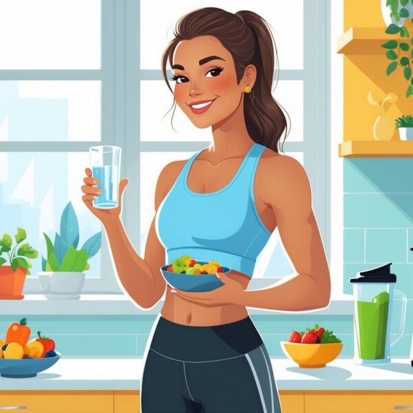 Mulher saudável e confiante em uma cozinha moderna, segurando um copo de água e com frutas e vegetais frescos ao lado.