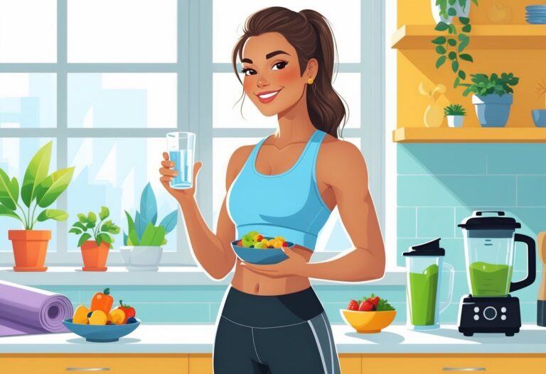 Mulher saudável e confiante em uma cozinha moderna, segurando um copo de água e com frutas e vegetais frescos ao lado.