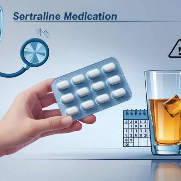 Mão segurando comprimidos de sertralina e um copo com bebida alcoólica lado a lado, com ícones médicos ao fundo indicando cuidado.