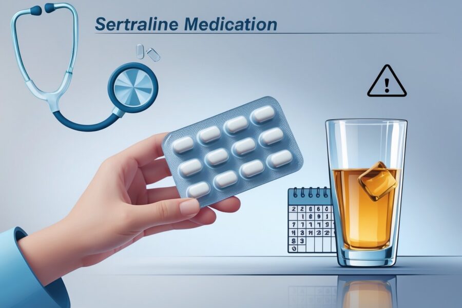 Mão segurando comprimidos de sertralina e um copo com bebida alcoólica lado a lado, com ícones médicos ao fundo indicando cuidado.