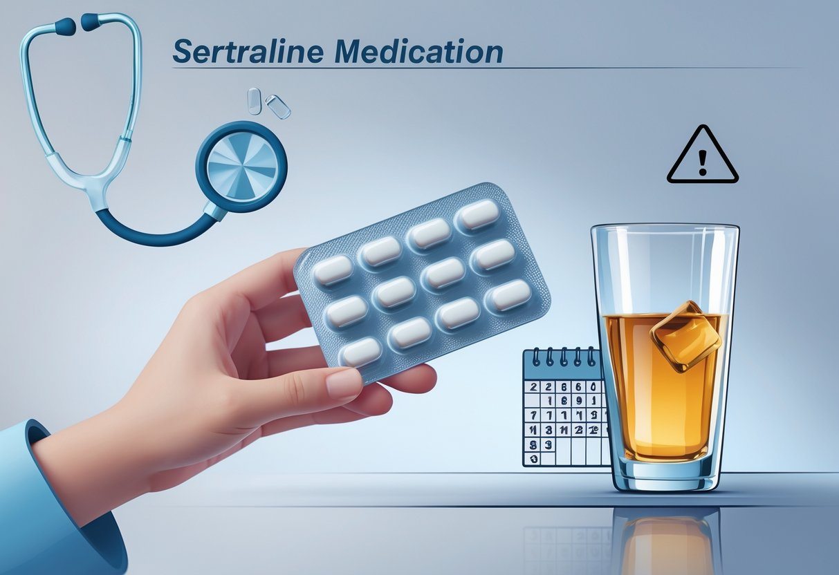 Mão segurando comprimidos de sertralina e um copo com bebida alcoólica lado a lado, com ícones médicos ao fundo indicando cuidado.