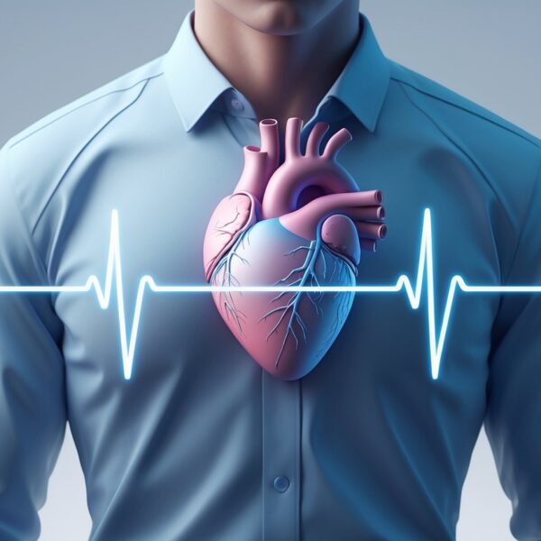 Ilustração de um peito humano com o coração visível e um traçado de eletrocardiograma mostrando um ritmo cardíaco estável.
