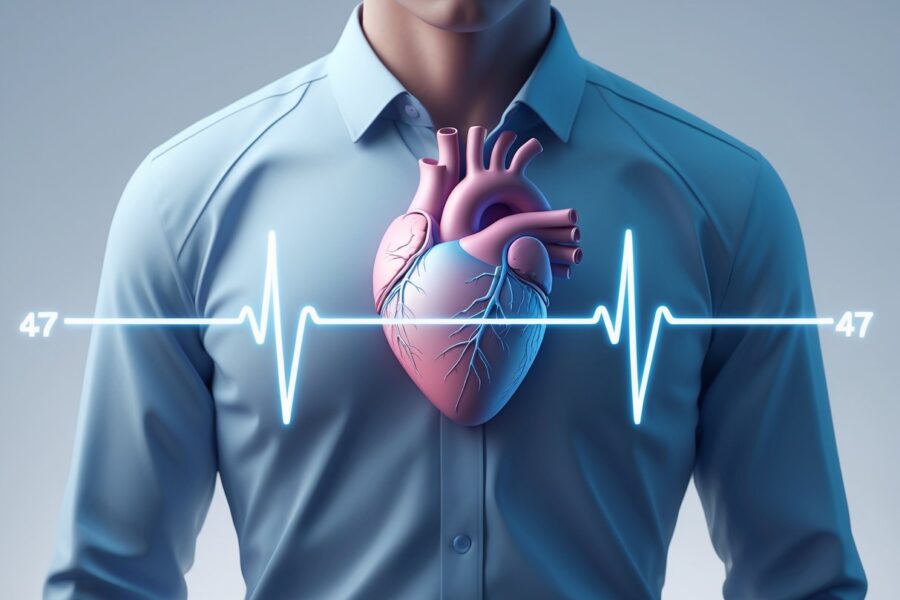 Ilustração de um peito humano com o coração visível e um traçado de eletrocardiograma mostrando um ritmo cardíaco estável.