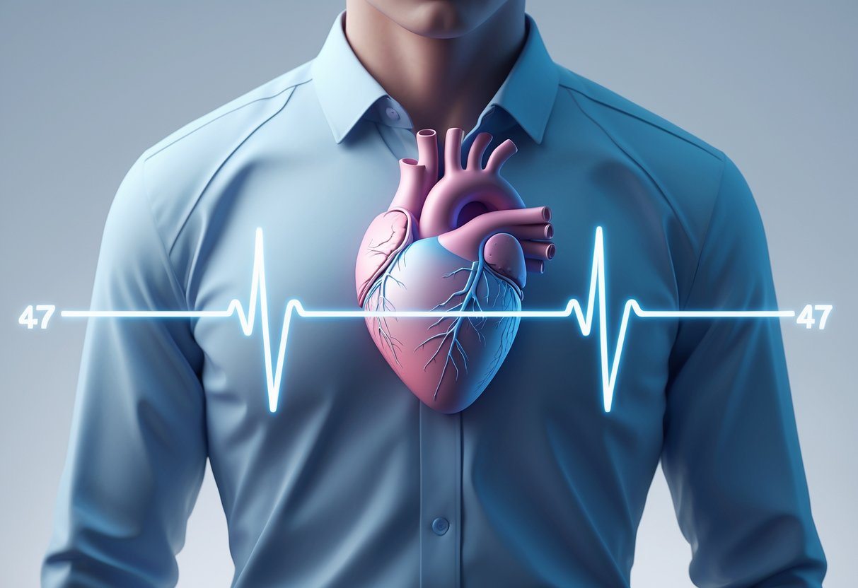 Ilustração de um peito humano com o coração visível e um traçado de eletrocardiograma mostrando um ritmo cardíaco estável.