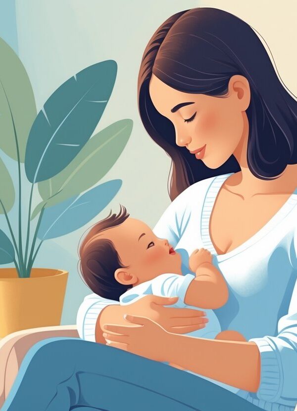 Mãe amamentando seu bebê sentada confortavelmente em uma poltrona, com um pote de creatina e um copo d'água sobre a mesa ao lado.