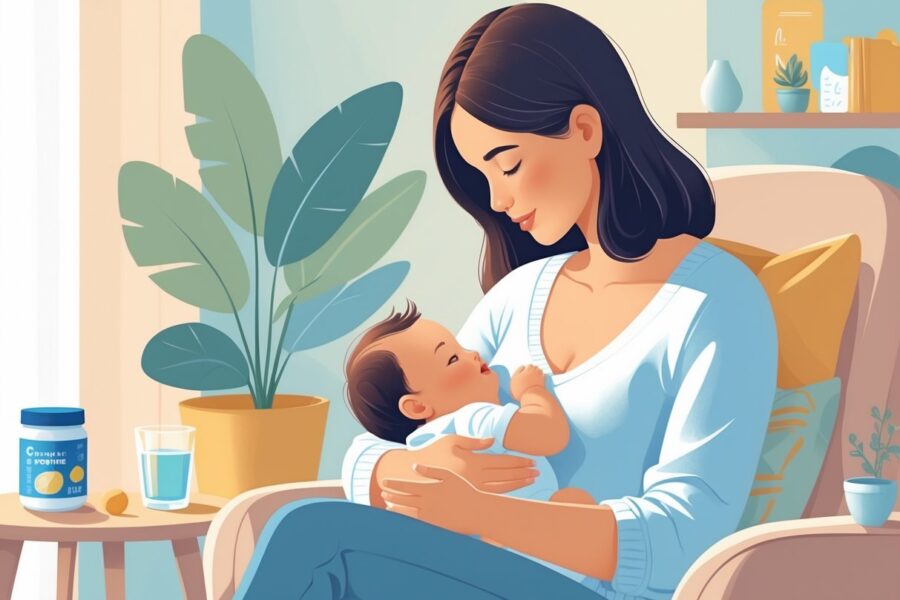 Mãe amamentando seu bebê sentada confortavelmente em uma poltrona, com um pote de creatina e um copo d'água sobre a mesa ao lado.