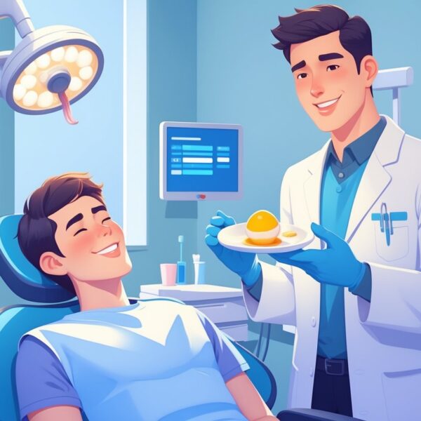 Paciente sentado em cadeira odontológica recebendo orientação do dentista sobre alimentação após extração do dente do siso.